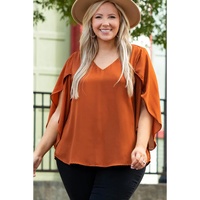Gold Flame Plus Size Solid Wrapped Ruffled Sleeve V Neck Blouse - 1X thumbnail