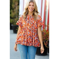 Orange Floral Printed Ruffle Sleeve Curvy Babydoll Blouse - 1X thumbnail