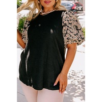 Black Daisy Printed Short Bubble Sleeve Plus Size Tunic Top - 1X thumbnail