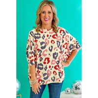 White Colorful Leopard Print Batwing Sleeve Plus Jumper - 2X thumbnail