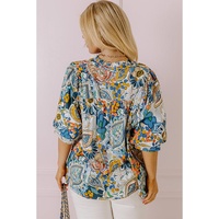 Multicolour Plus Size Floral Print Half Sleeve Slit Neck Blouse - 1X thumbnail