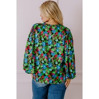 Green Plus Size Floral Bubble Sleeve V Neck Blouse - 1X thumbnail