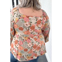Khaki Plus Size Flower Print Square Neck Peplum Blouse - 1X thumbnail