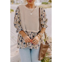 Beige Faux Two Piece Knit Patchwork Floral Print Plus Size Top - 1X thumbnail