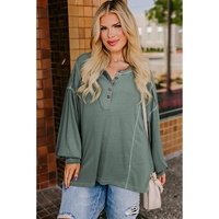 Seagrass Plus Size Exposed Seam Drop Shoulder Henley Top - 1X thumbnail