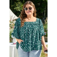 Green Floral Print Square Neck Ruffled Trim Plus Size Blouse - 2X thumbnail