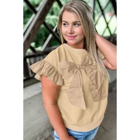 Parchment Ruffled Short Sleeve Bowknot Applique Crew Neck Plus Size Top - 1X thumbnail