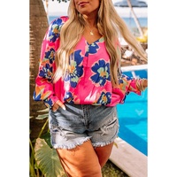 Rose Floral Pattern V Neck Balloon Sleeve Plus Size Blouse - 1X thumbnail