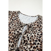 Khaki Leopard Print Lace-up Ruffled 3/4 Sleeve Plus Size Blouse - 1X thumbnail