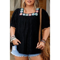 Black Floral Crochet Square Neck Ruffled Short Sleeve Flowy Plus Size Top - 1X thumbnail