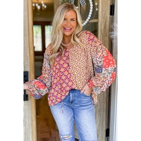 Orange Floral Geometric Patchwork Lace-up Crewneck Plus Size Blouse - 1X thumbnail