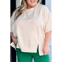 Beige Pearl Decor Crew Neck Half Sleeve Plus Size T Shirt - 1X thumbnail