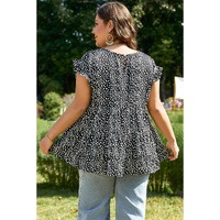 Black Leopard Print Ruffled Short Sleeve Keyhole Back Tiered Flowy Plus Size Blouse - 2X thumbnail