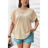 Beige Lace Crochet Patched Cable Textured Cuffed Short Sleeve Plus Size Top - 2X thumbnail