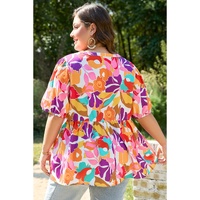 Pink Plus Size Floral Print V Neck Fit and Flare Blouse - 2X thumbnail