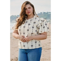 Apricot Bow Printed Ruffled Bubble Sleeve Lace-up Notched Neck Plus Size Blouse - 1X thumbnail