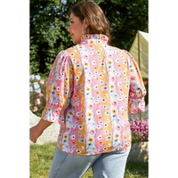 Pink Floral Ruffled Collar Bracelet Sleeve Plus Size Blouse Top - 1X thumbnail
