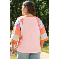 Orange Plus Size Floral Print Patchwork Raglan Half Sleeve Top - 1X thumbnail