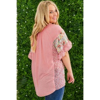 Pink Plus Size Floral Patchwork Ruffled Short Sleeve Blouse - 1X thumbnail