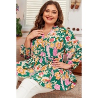 Green Floral Tied V Neck Long Sleeve Plus Size Babydoll Top - 1X thumbnail