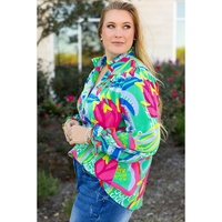 Green Abstract Printed Flounce Sleeve V Neck Buttoned Plus Size Blouse - 1X thumbnail