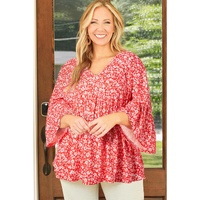 Red Plus Size Floral V Neck Flared Bracelet Sleeve Blouse - 1X thumbnail