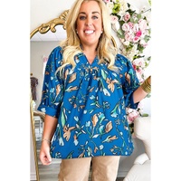Blue Floral Notched V Neck Half Sleeve Plus Size Blouse - 3X thumbnail
