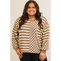 Khaki Striped Checkered Mixed Print Chest Pocket Casual Plus Size Top - 1X thumbnail