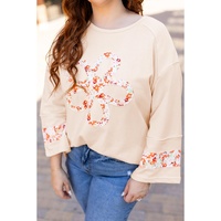 Beige Plus Size Flower Patched Side Slits Crewneck Top - 1X thumbnail