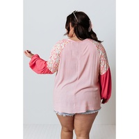 Pink Contrast Floral Patchwork Long Sleeve Plus Size Blouse - 2X thumbnail