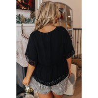 Black Plus Size Lace Splicing Button V Neck Short Sleeve Top - 2X thumbnail