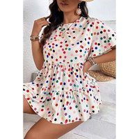 Beige Colorful Polka Dot Print Short Sleeve Ruffled Plus Size Babydoll Blouse - 1X thumbnail