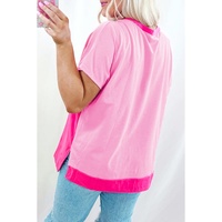 Bright Pink Colorblock Patchwork Short Sleeve Buttons Plus Size Henley Top - 1X thumbnail