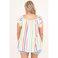 White Stripe Ruffled Sleeve Square Neck Plus Size Blouse - 1X thumbnail