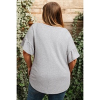 Light Grey Lace Insert Waffle Ruffle Short Sleeve Plus Size Top - 1X thumbnail