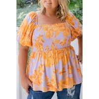 Purple Floral Puff Sleeve Square Neck Smocked Plus Size Babydoll Blouse - 1X thumbnail