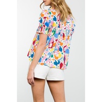 White Abstract Print Shirred Cuff Puff Sleeve Plus Size Blouse - 4X thumbnail