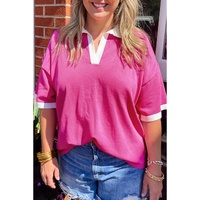 Pink Contrast Trim Collared Split Neck Short Sleeve Plus Size Top - 3X thumbnail