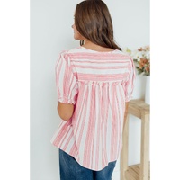 Pink Stripe Plus Size Tassel Tie Frilled Detail Short Sleeve Blouse - 1X thumbnail