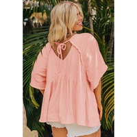 Apricot Pink Plus Size Textured Wide Short Sleeve Babydoll Blouse - 1X thumbnail