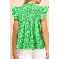 Green Floral Flutter Sleeve Shirred Notched Neck Plus Size Blouse - 1X thumbnail