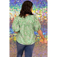 Green Plus Size Floral Tassel Tie Split Neck Puff Sleeve Blouse - 3X thumbnail