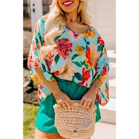 Sky Blue Plus Size Floral Print V Neck Batwing Sleeve Blouse - 4X thumbnail