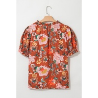 Brown Floral Stitched V Neck Frilled Trim Puff Short Sleeve Blouse - 1X thumbnail