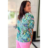 Green Abstract Print Knotted Short Sleeve Plus Size Blouse - 4X thumbnail