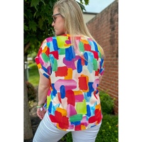 Colorful Brush Stroke Printed Plus Size Button Split Neck Blouse - 1X thumbnail