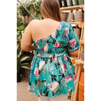 Green Plus Size Floral Smocked Bodice Single Puff Short Sleeve Babydoll Blouse - 3X thumbnail