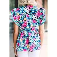 Blue Floral Flutter Sleeve Tied Notched Neck Plus Size Blouse - 2X thumbnail
