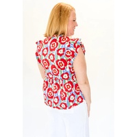Red Plus Size Floral Print Ruffle Trim Split Neck Peplum Top - 1X thumbnail