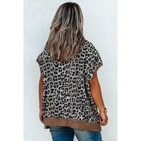 Khaki Leopard Contrast Trim Short Sleeve Loose Plus Size Top - 1X thumbnail
